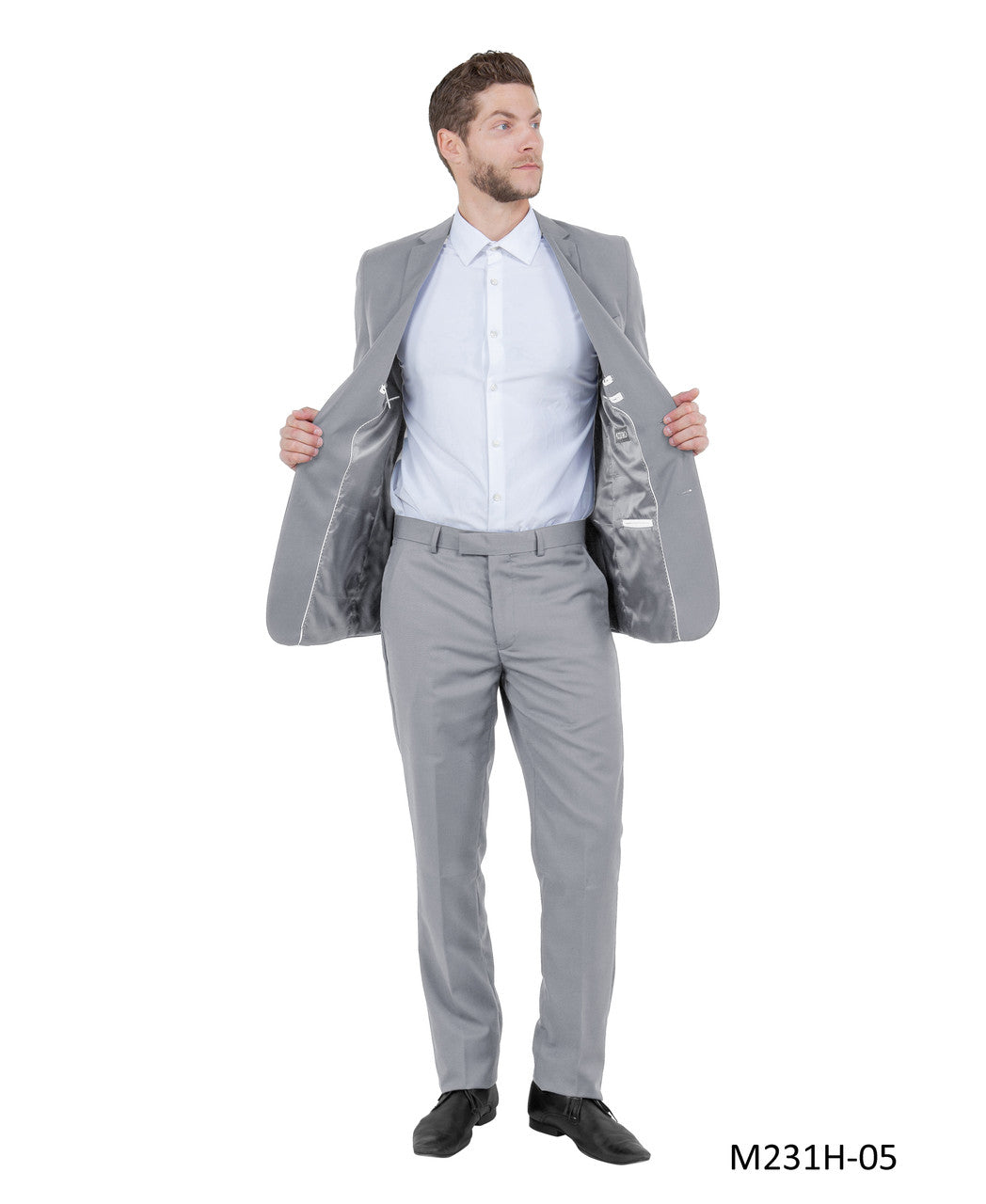 three-piece vested suit in light grey