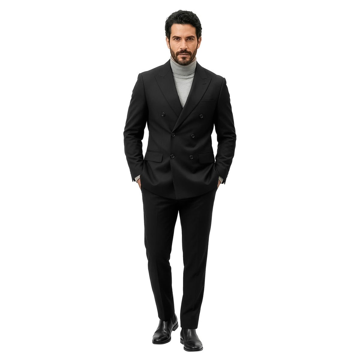 Double-breasted notch lapel suit in black
