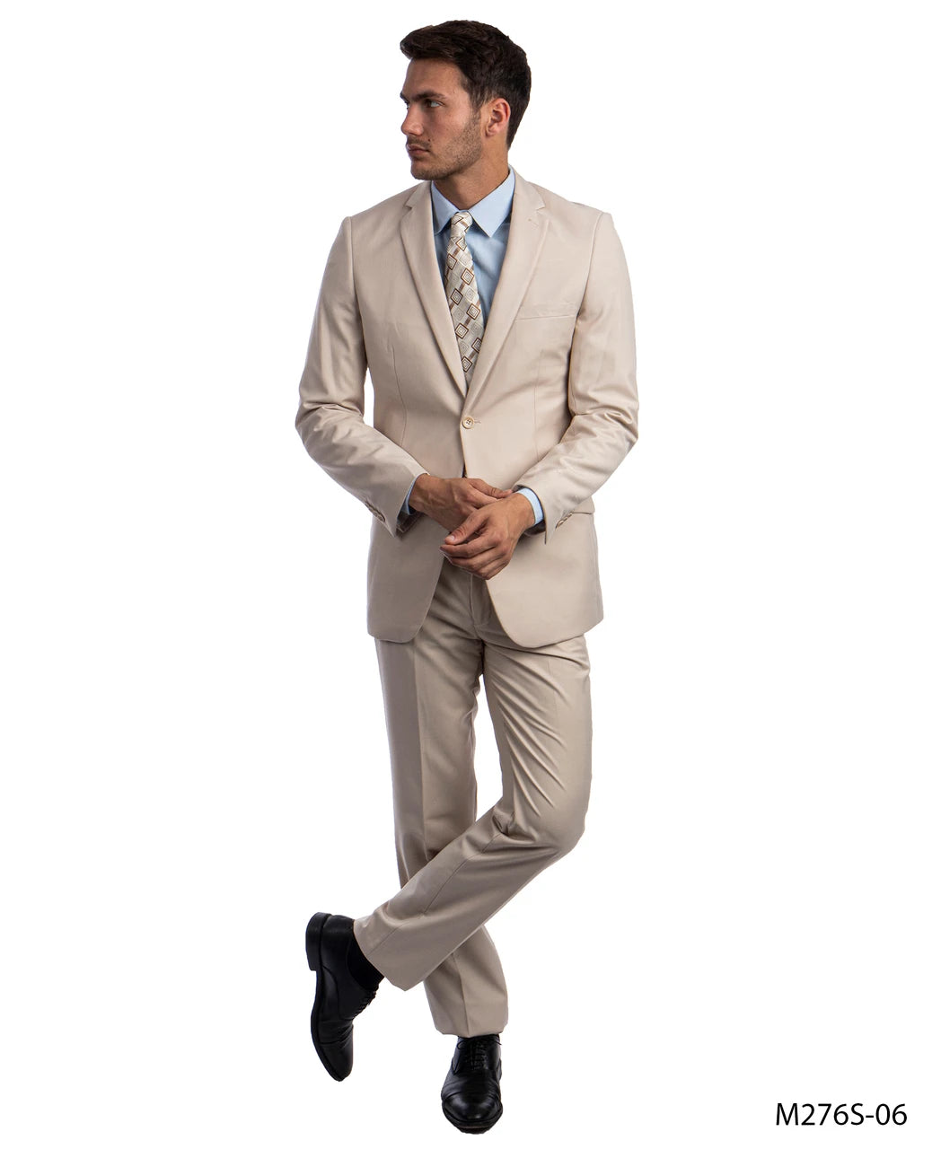 classic two-button suit in tan