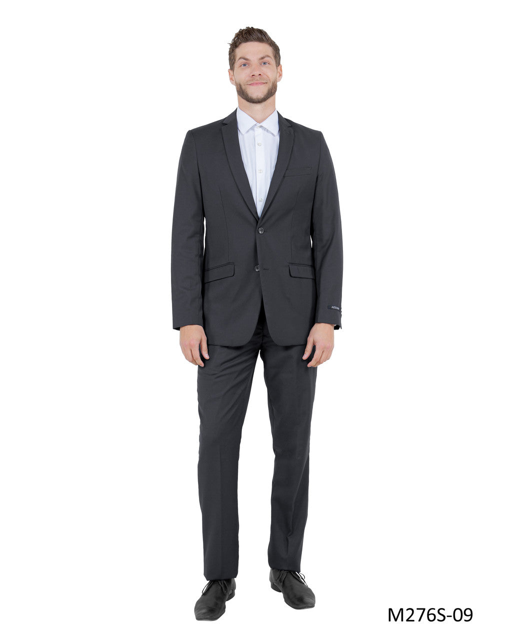 classic two-button suit in charcoal