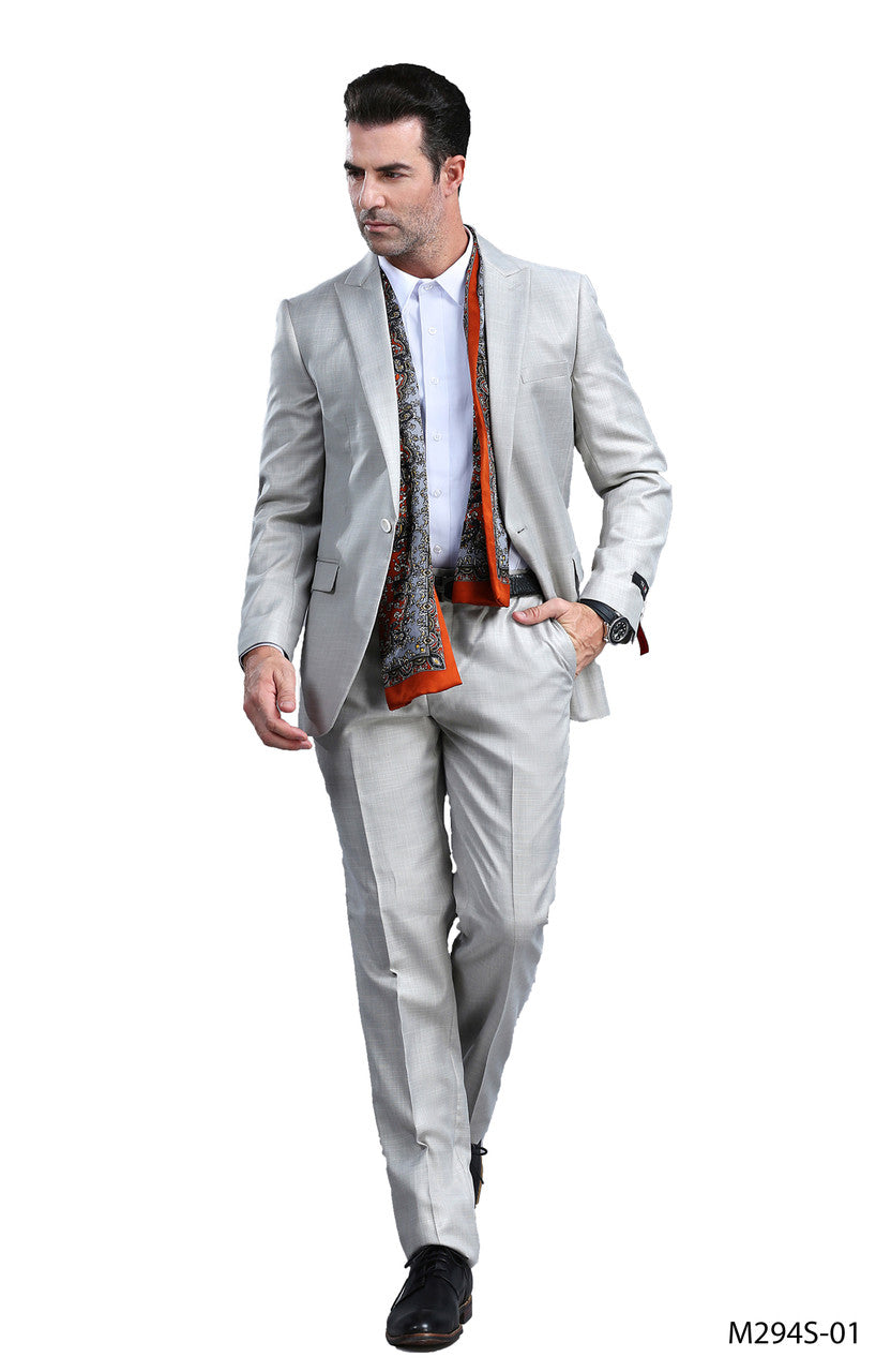 slim fit sharkskin suit in tan