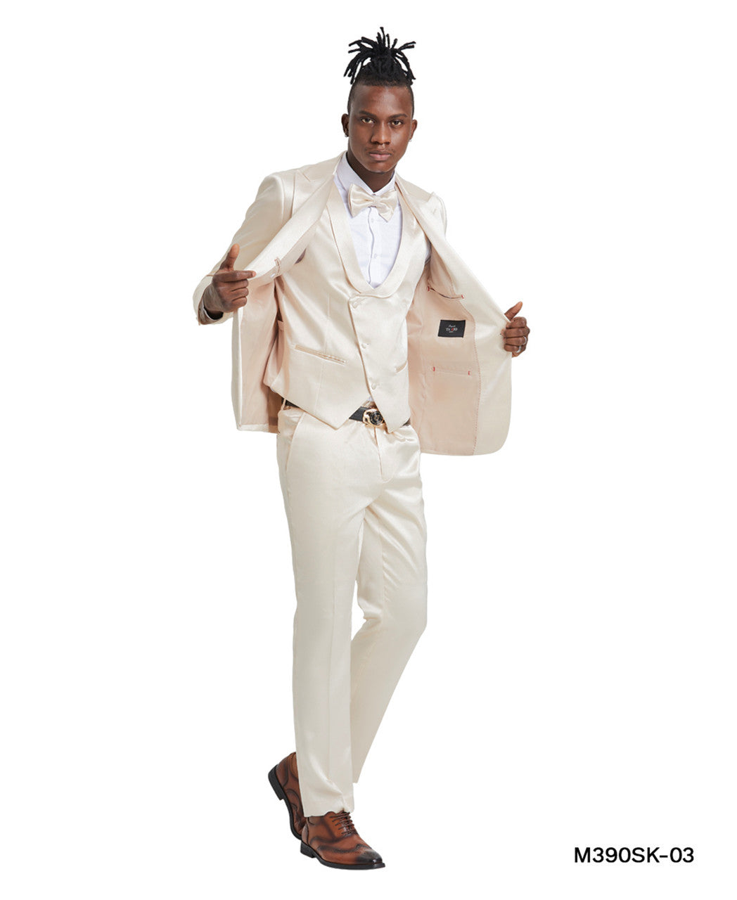 sharkskin three-piece suit in champagne