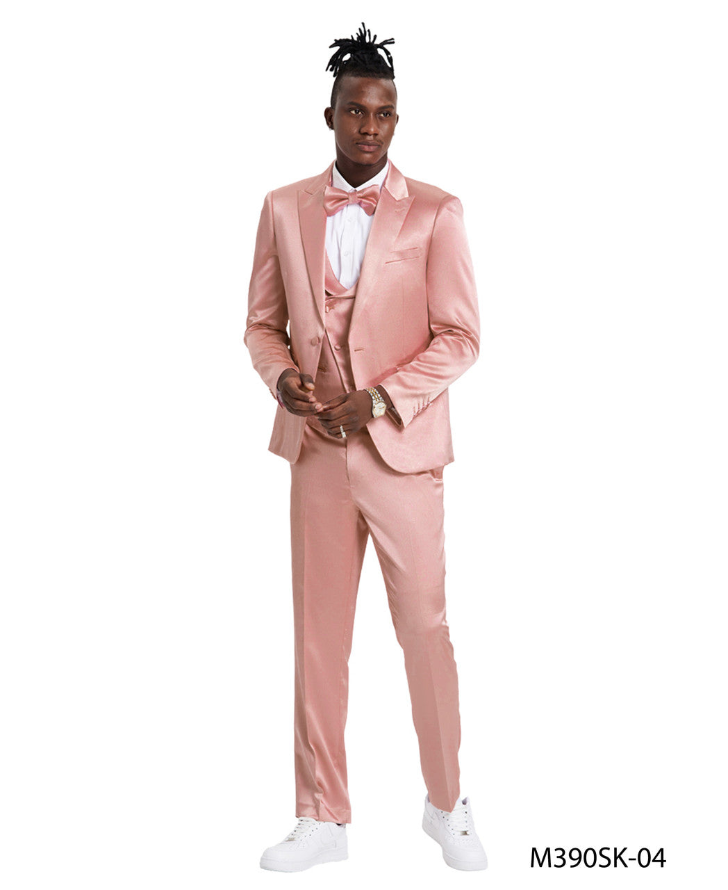 sharkskin three-piece suit in dusty rose
