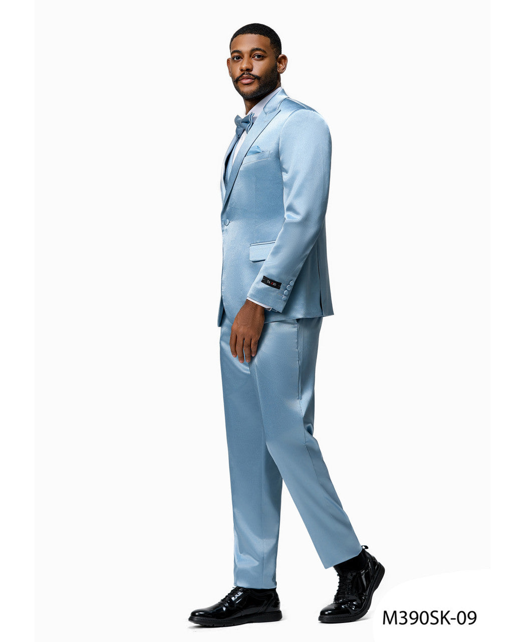 sharkskin three-piece suit in dusty blue
