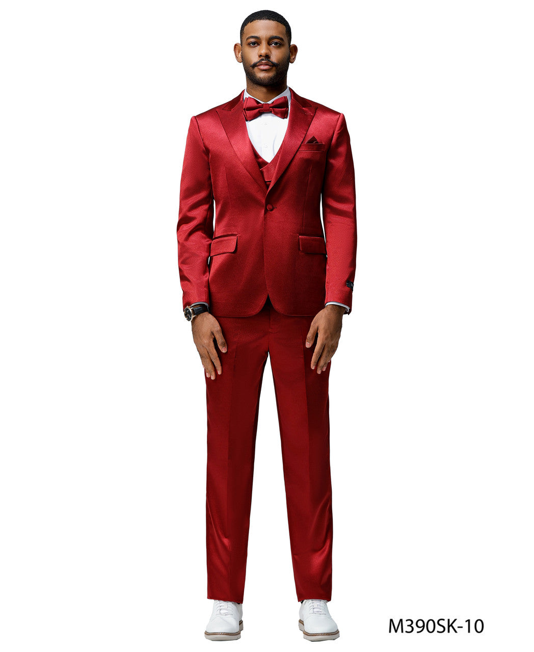 sharkskin three-piece suit in burgundy