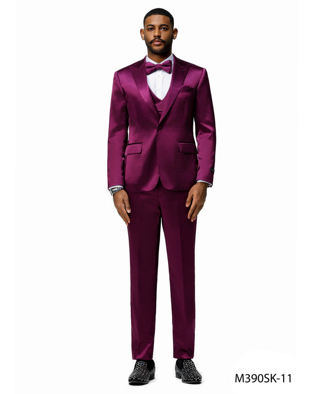 sharkskin three-piece suit in purple