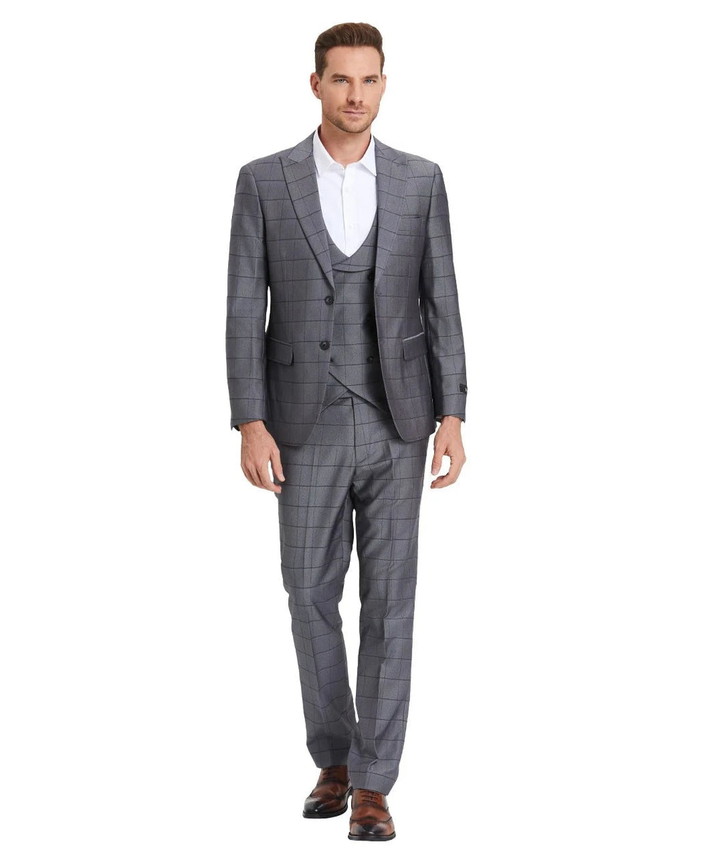 windowpane suit with collared vest in metal gray