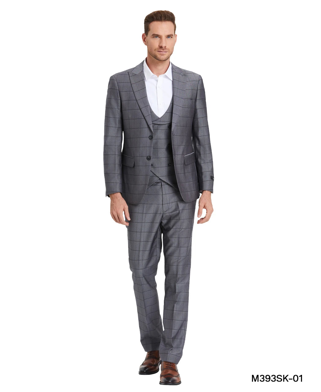 windowpane suit with collared vest in metal gray