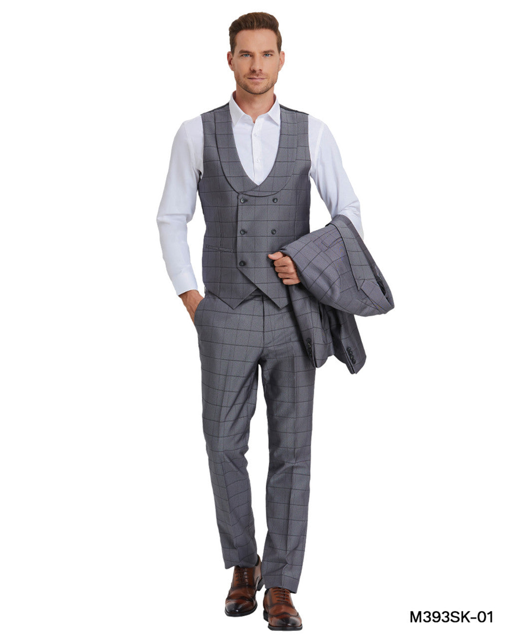 windowpane suit with collared vest in metal gray, detail