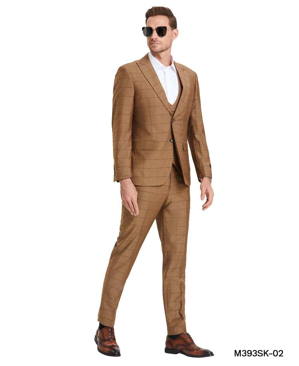 windowpane suit with collared vest in walnut