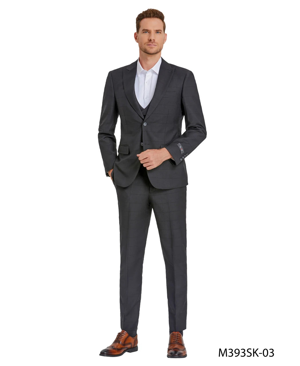 windowpane suit with collared vest in black