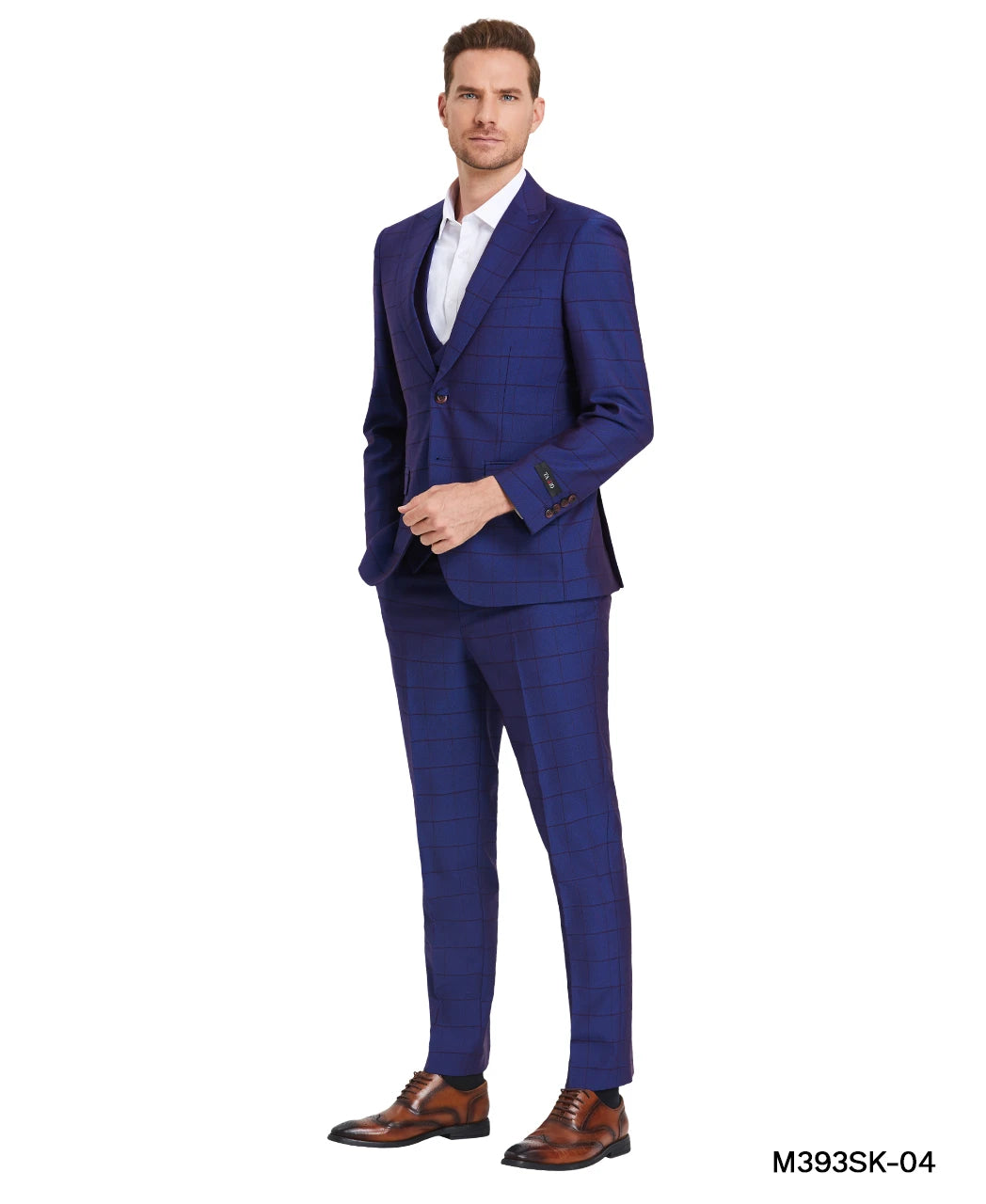 windowpane suit with collared vest in admiral blue