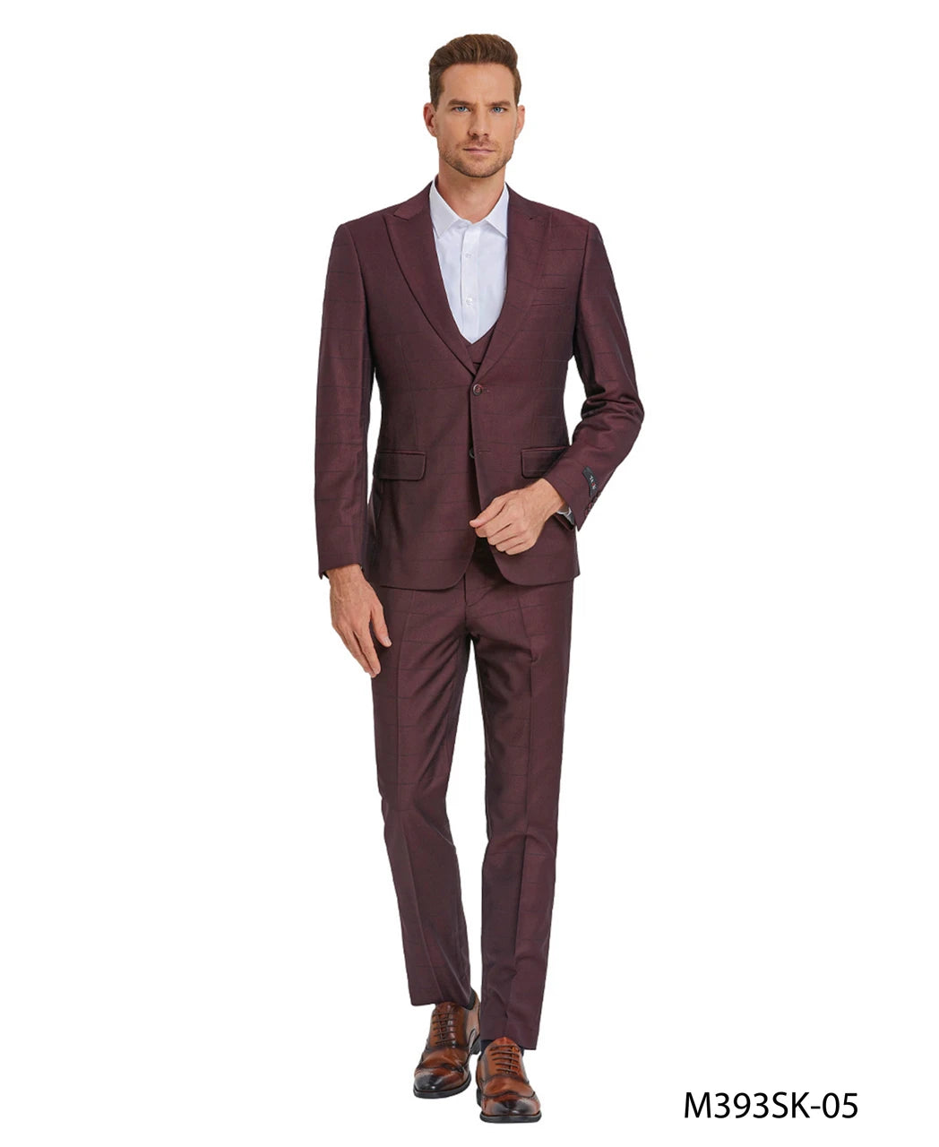 windowpane suit with collared vest in wine