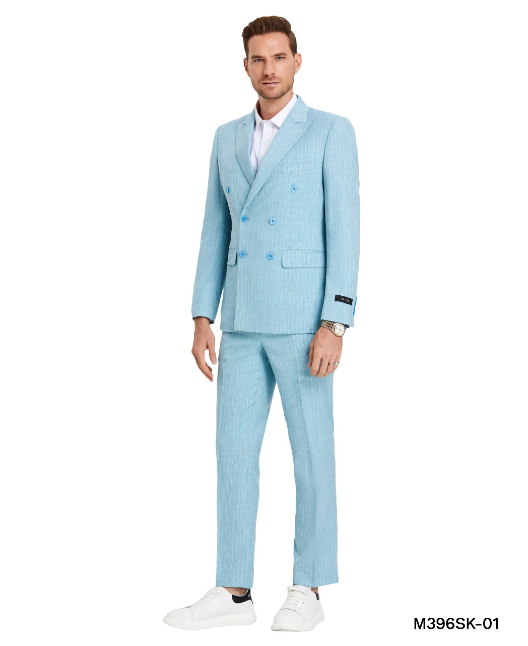 double-breasted pinstripe three-piece suit in dark gray