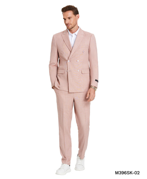 double-breasted pinstripe three-piece suit in blue