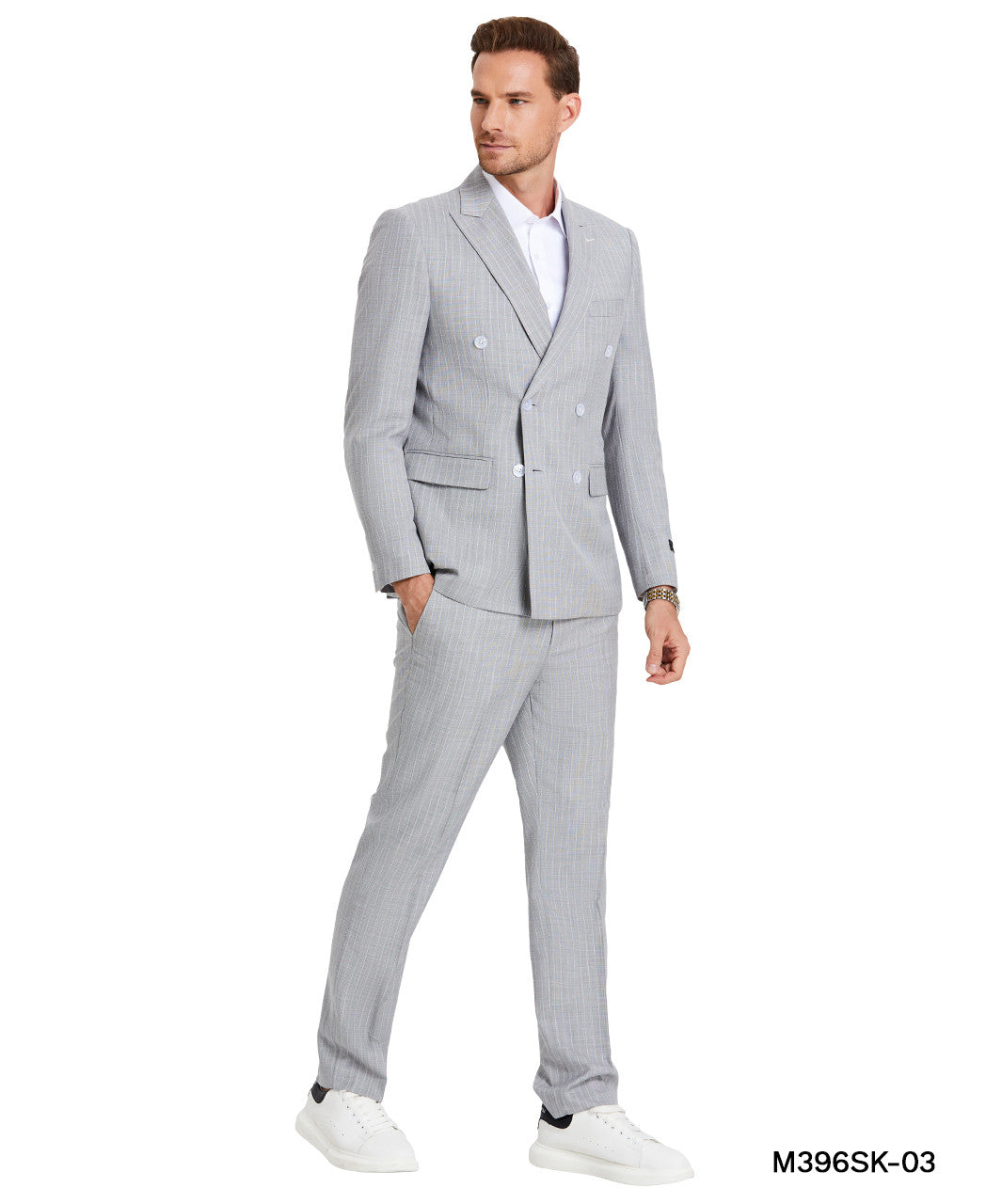 double-breasted pinstripe three-piece suit in light gray