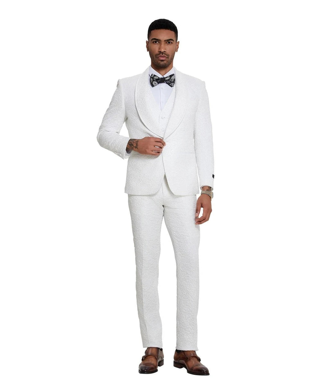 textured paisley three-piece tuxedo in ivory