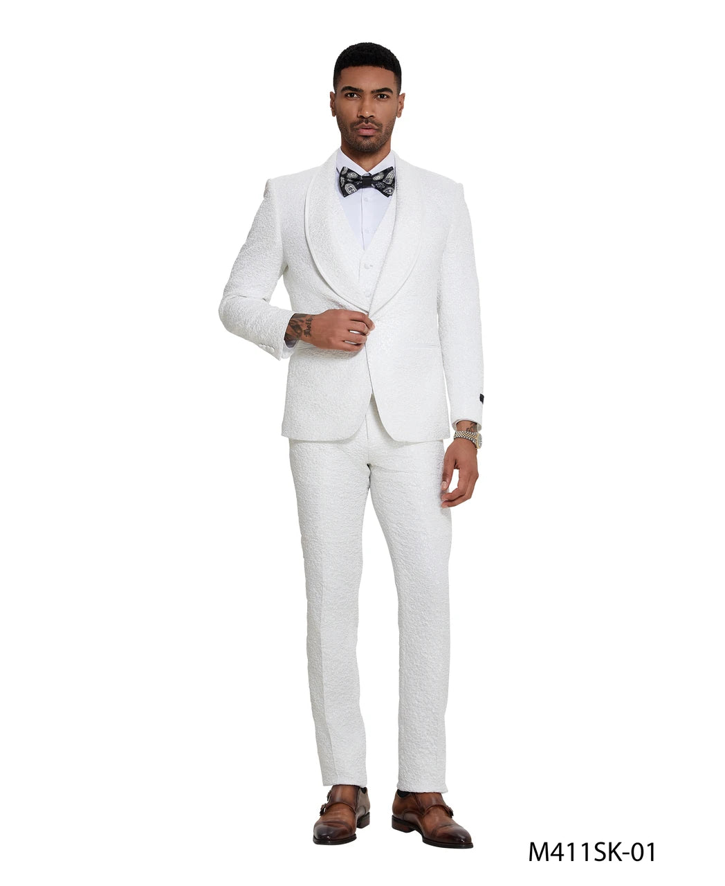 textured paisley three-piece tuxedo in ivory