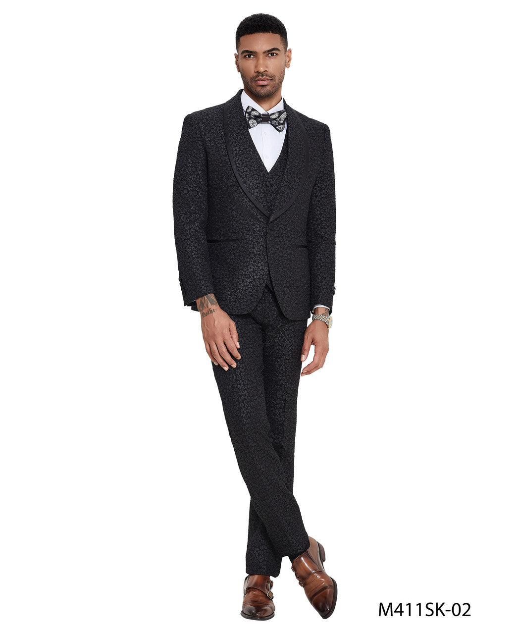 textured paisley three-piece tuxedo in black