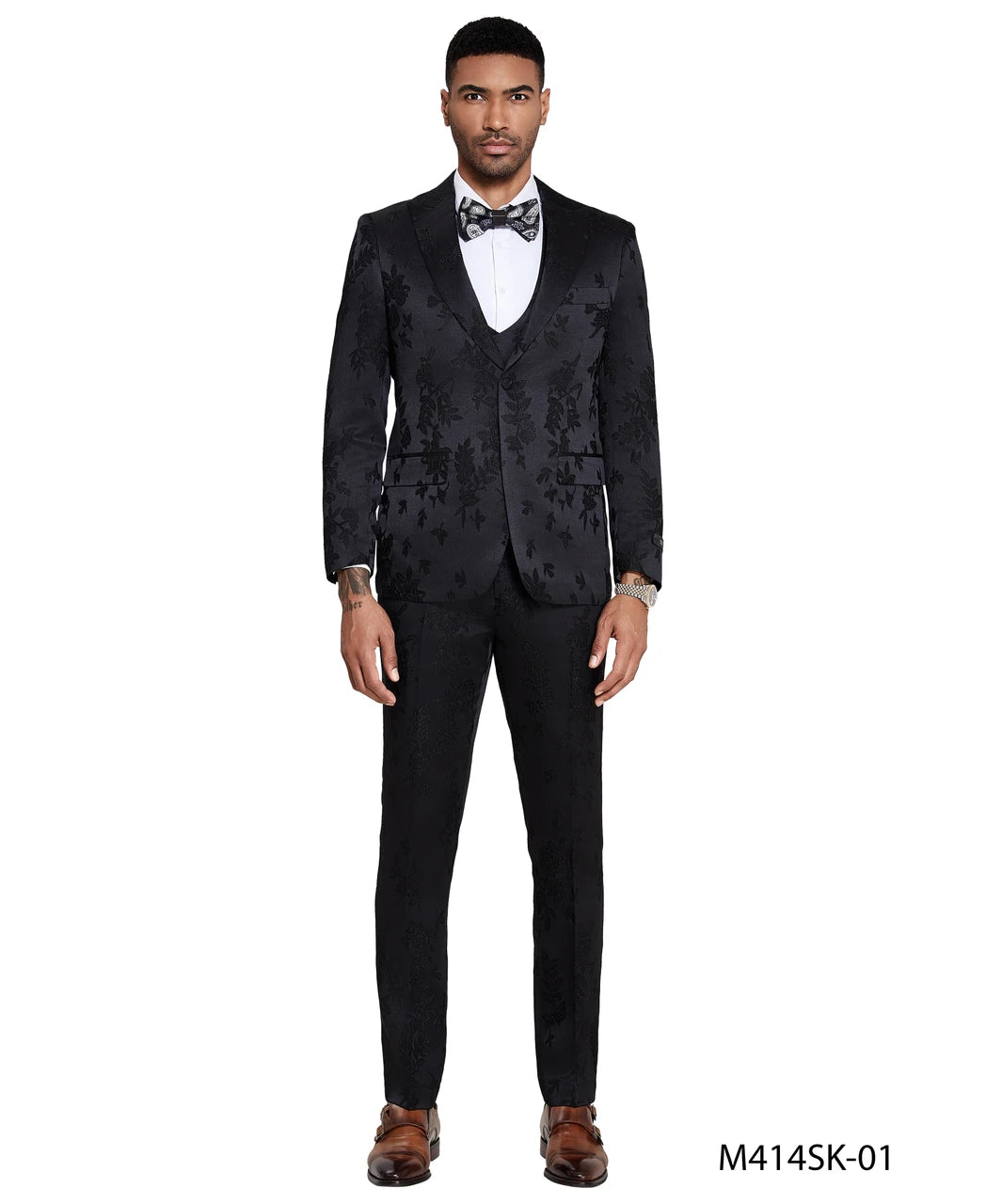 textured floral three-piece suit in black