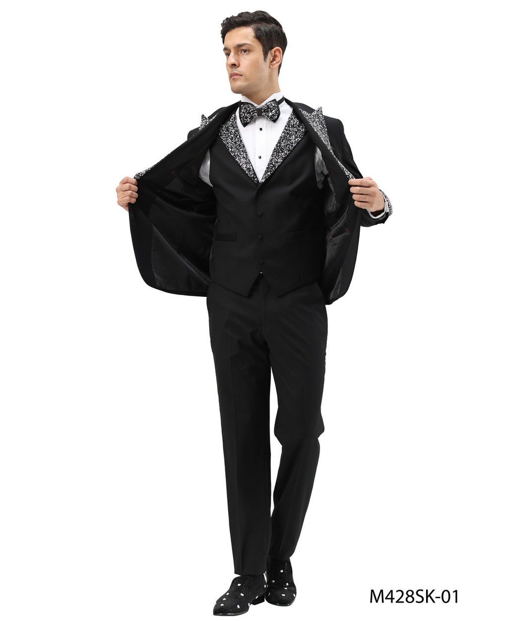 stone-studded peak lapel three-piece suit in black, detail