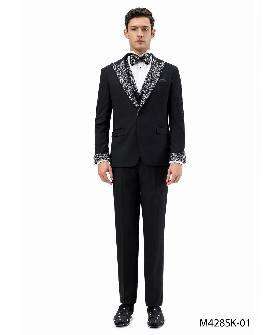 stone-studded peak lapel three-piece suit in black