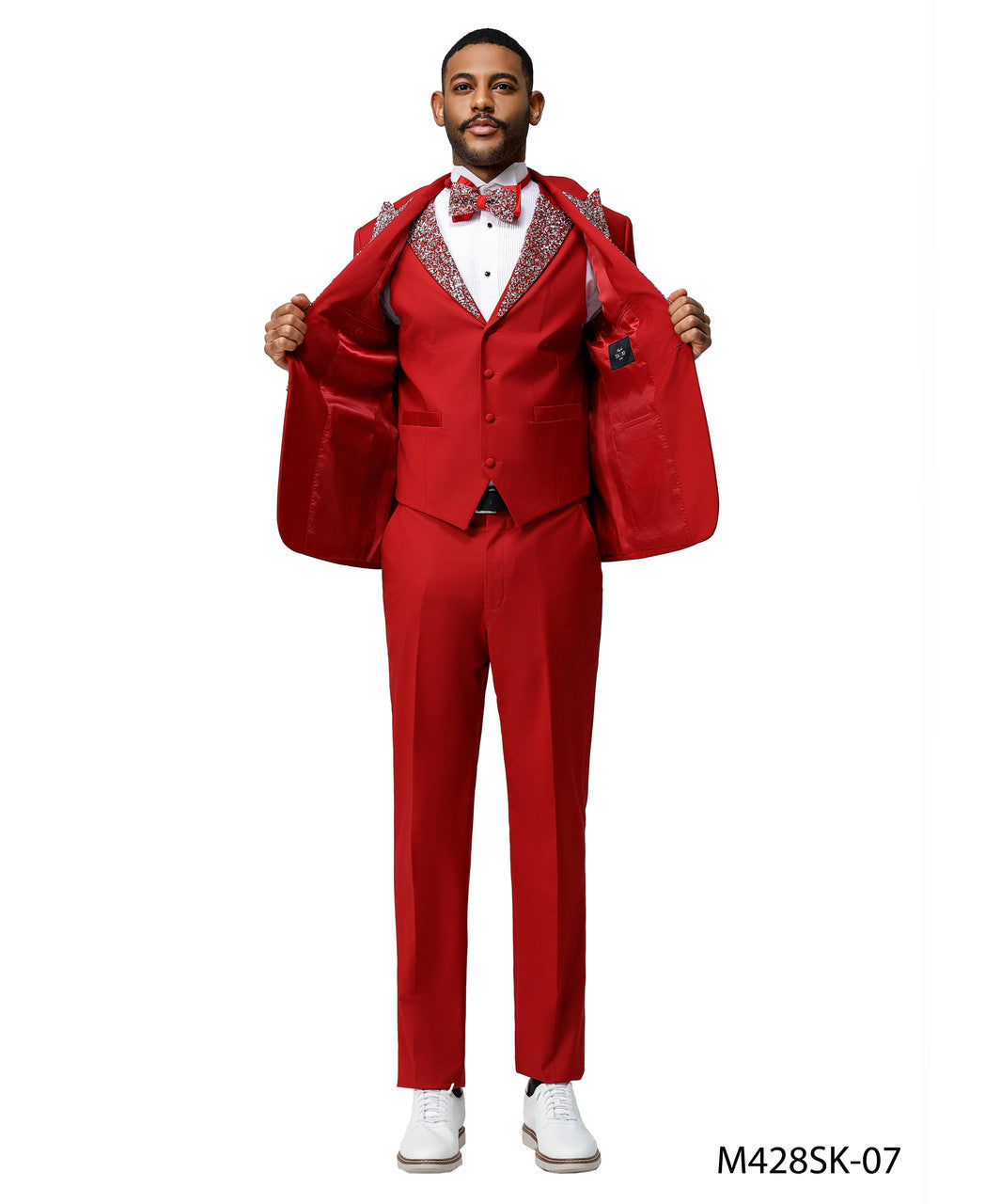 stone-studded peak lapel three-piece suit in red