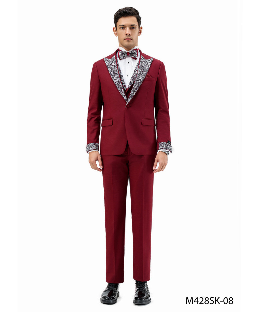 stone-studded peak lapel three-piece suit in burgundy