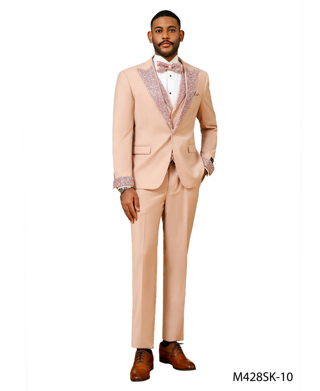 stone-studded peak lapel three-piece suit in peach