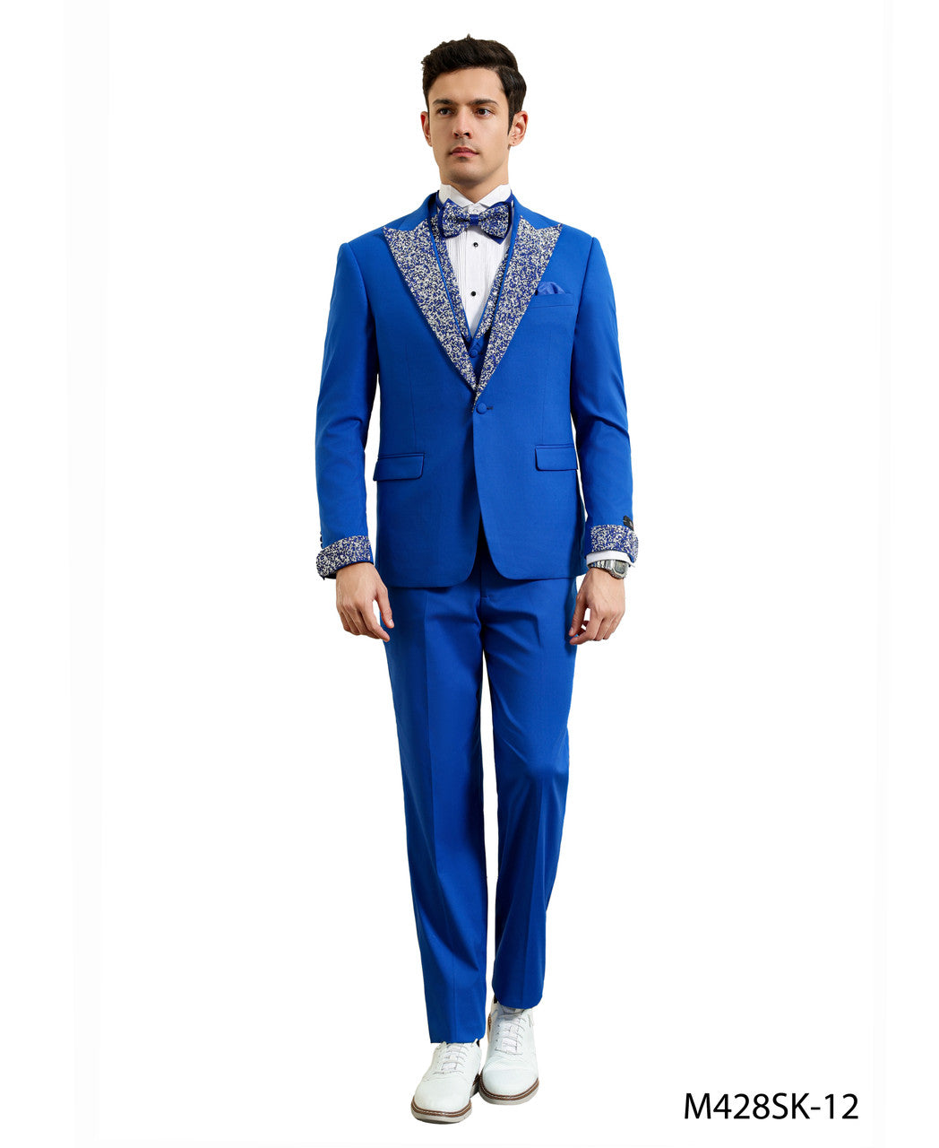 stone-studded peak lapel three-piece suit in royal blue