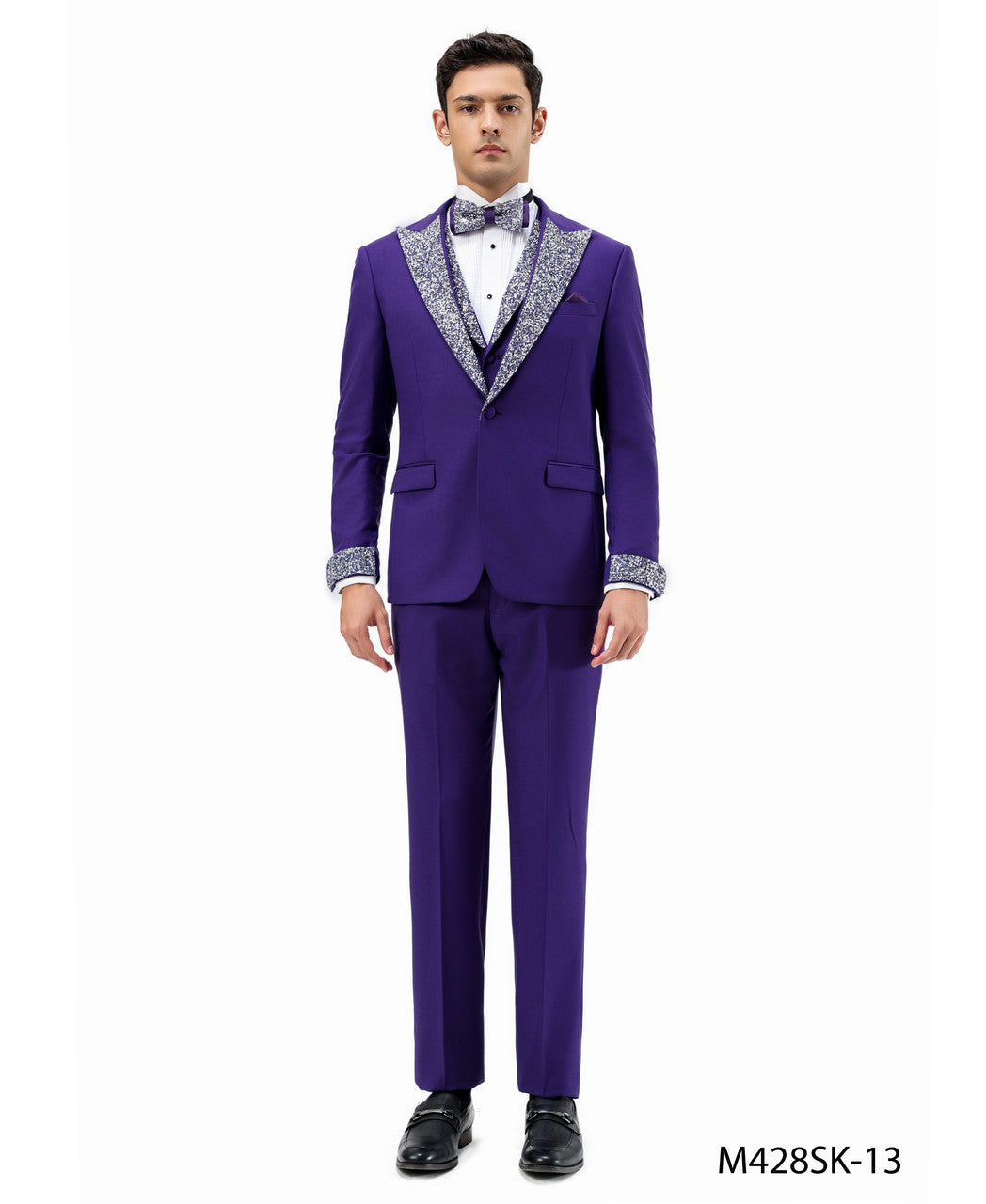 stone-studded peak lapel three-piece suit in purple