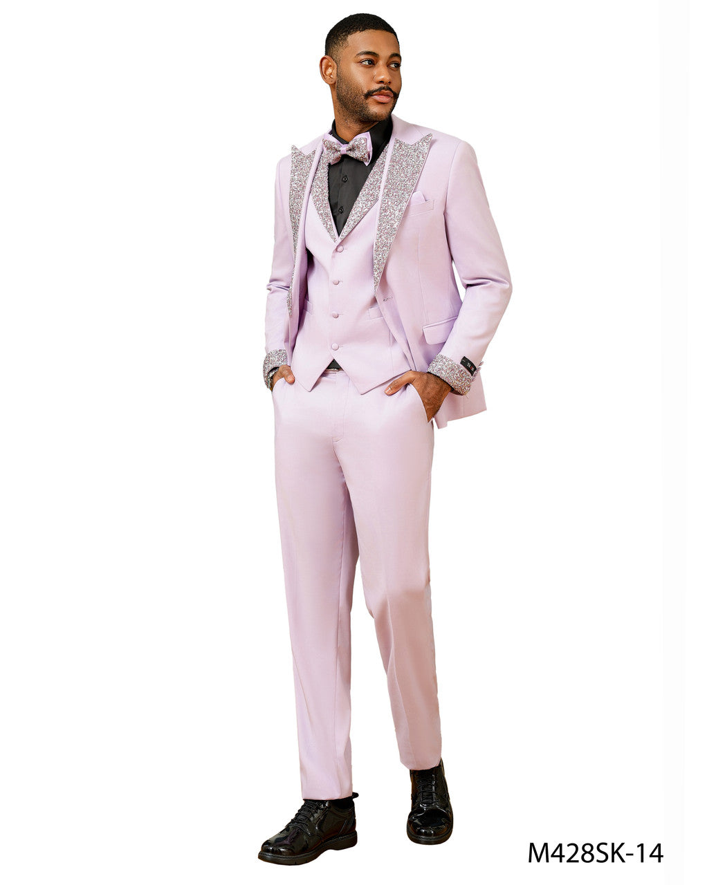 stone-studded peak lapel three-piece suit in pink