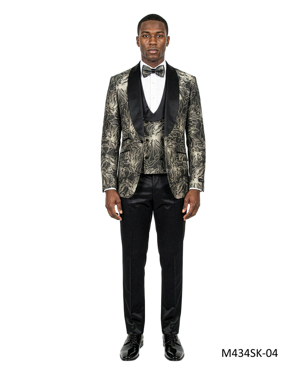 jacquard three-piece tuxedo in black/gold