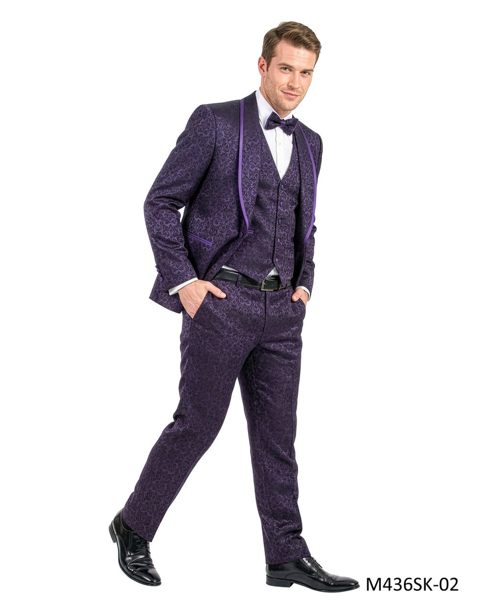 paisley three-piece suit with bow tie in purple