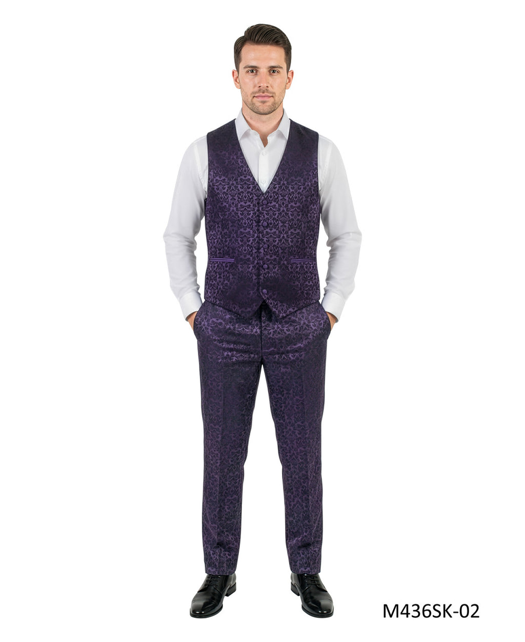 paisley three-piece suit with bow tie in purple, detail