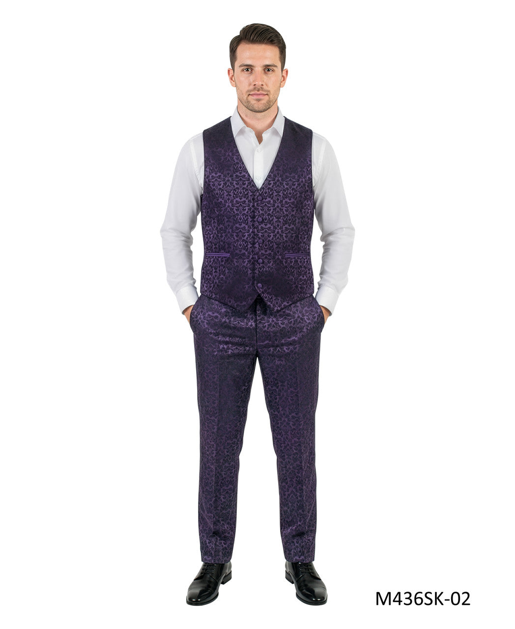 paisley three-piece suit with bow tie in purple, detail