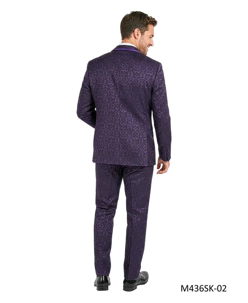 paisley three-piece suit with bow tie in purple, detail