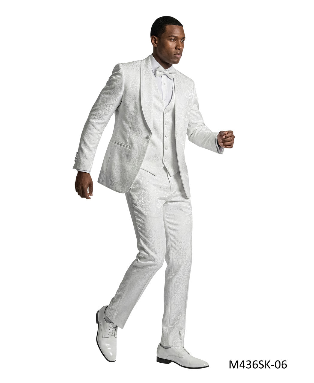 paisley three-piece suit with bow tie in white