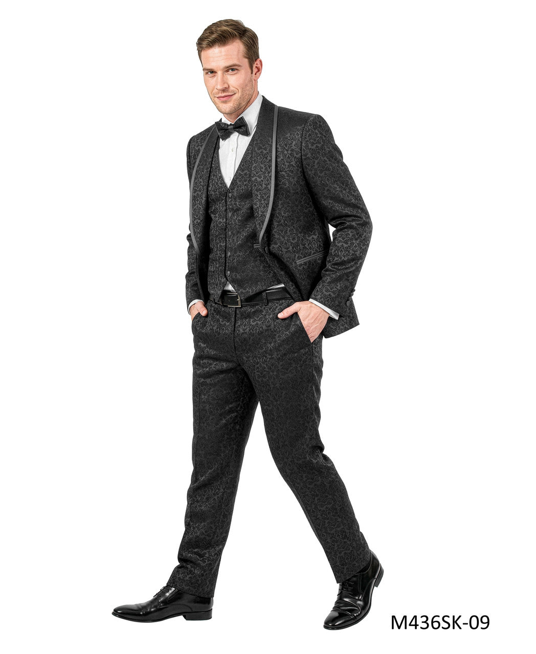 paisley three-piece suit with bow tie in black
