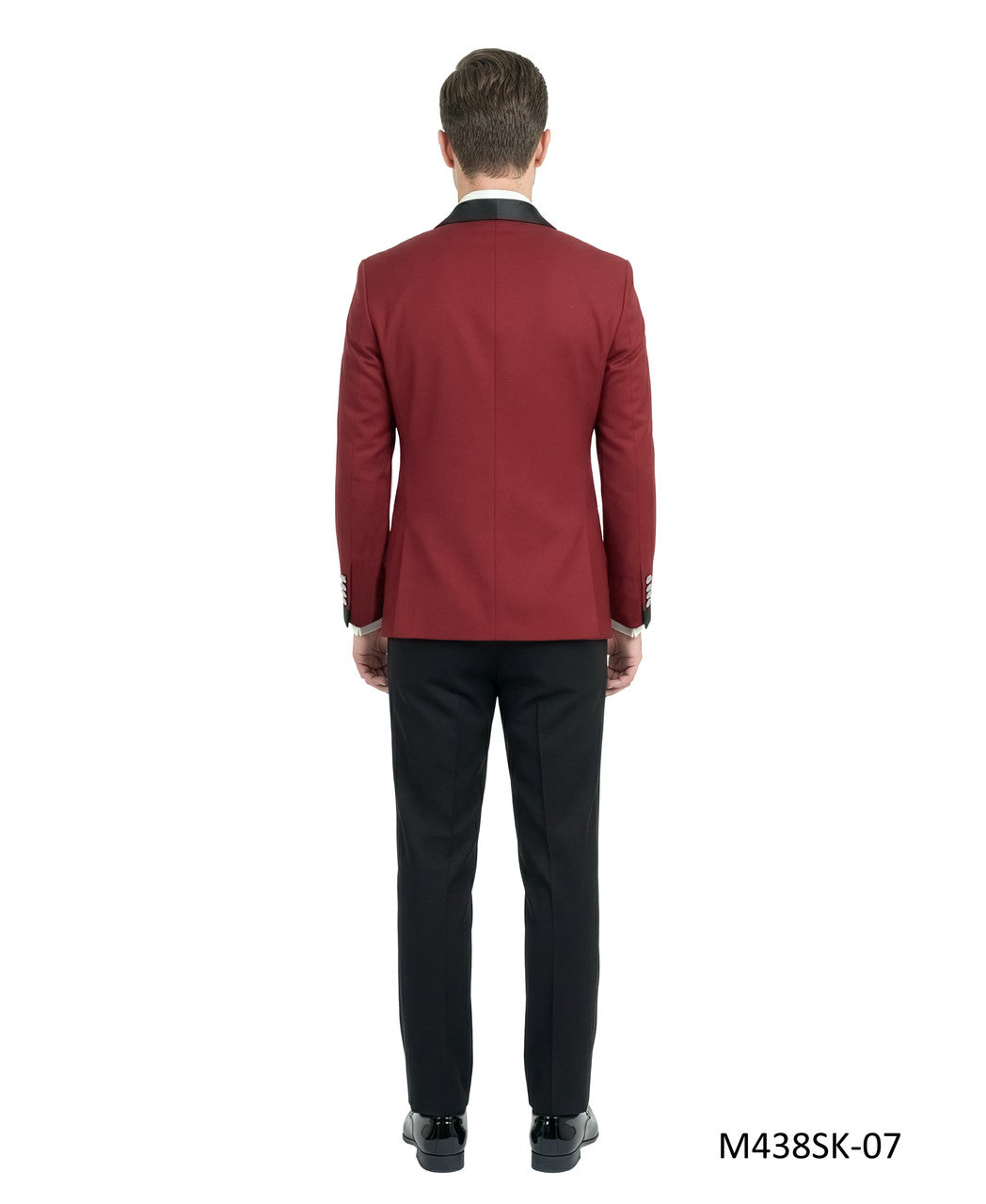 velvet wide-shawl double-breasted tuxedo in red, detail
