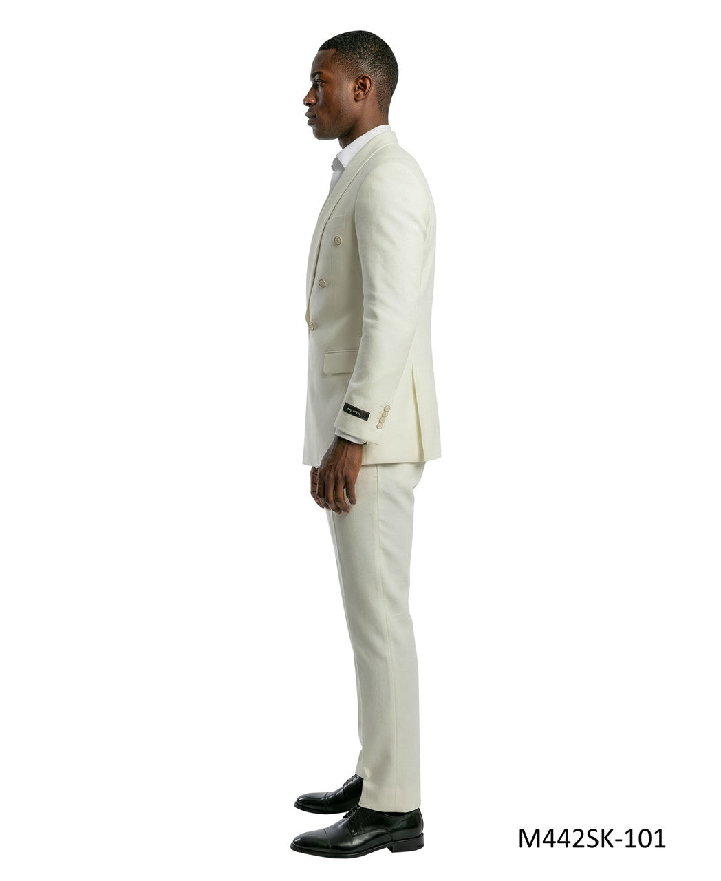 wide shawl double-breasted suit in ivory, detail