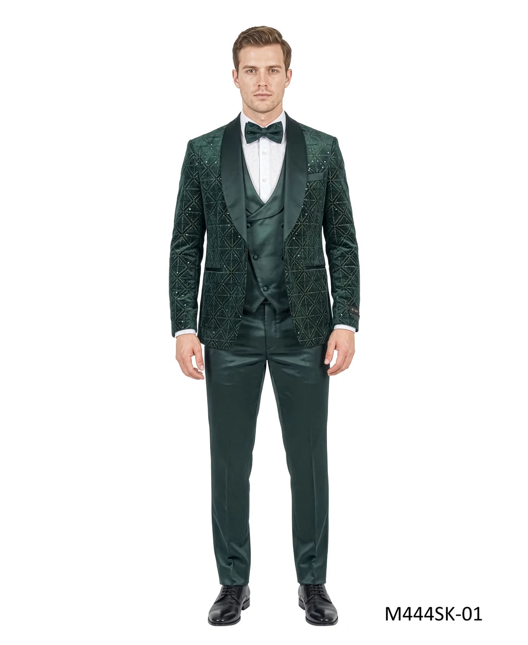 velvet sequin three-piece tuxedo in emerald green