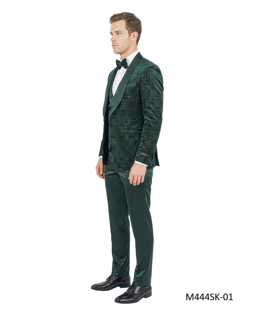 velvet sequin three-piece tuxedo in emerald green, detail