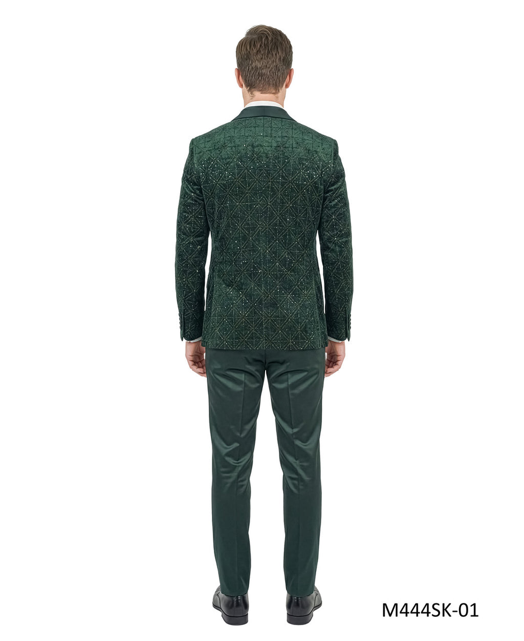 velvet sequin three-piece tuxedo in emerald green, detail