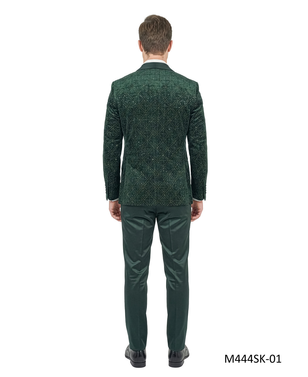 velvet sequin three-piece tuxedo in emerald green, detail