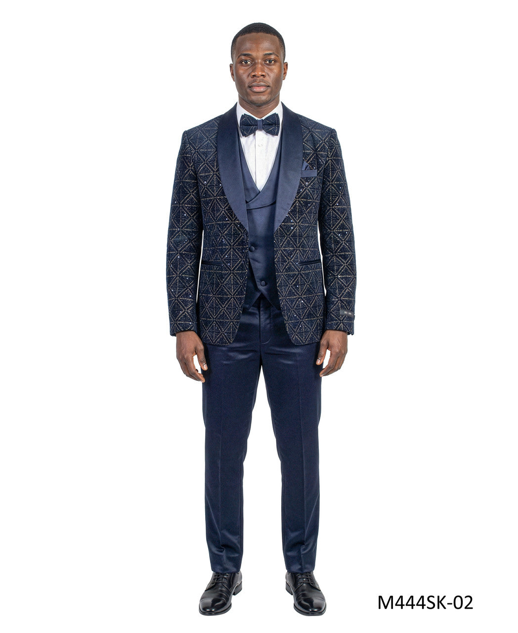 velvet sequin three-piece tuxedo in navy
