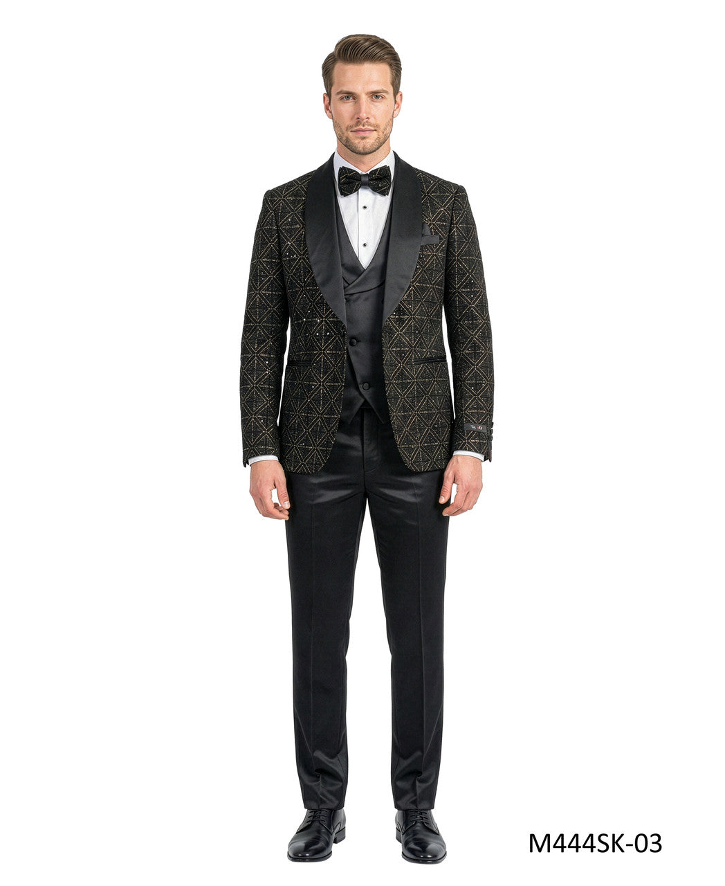 velvet sequin three-piece tuxedo in black