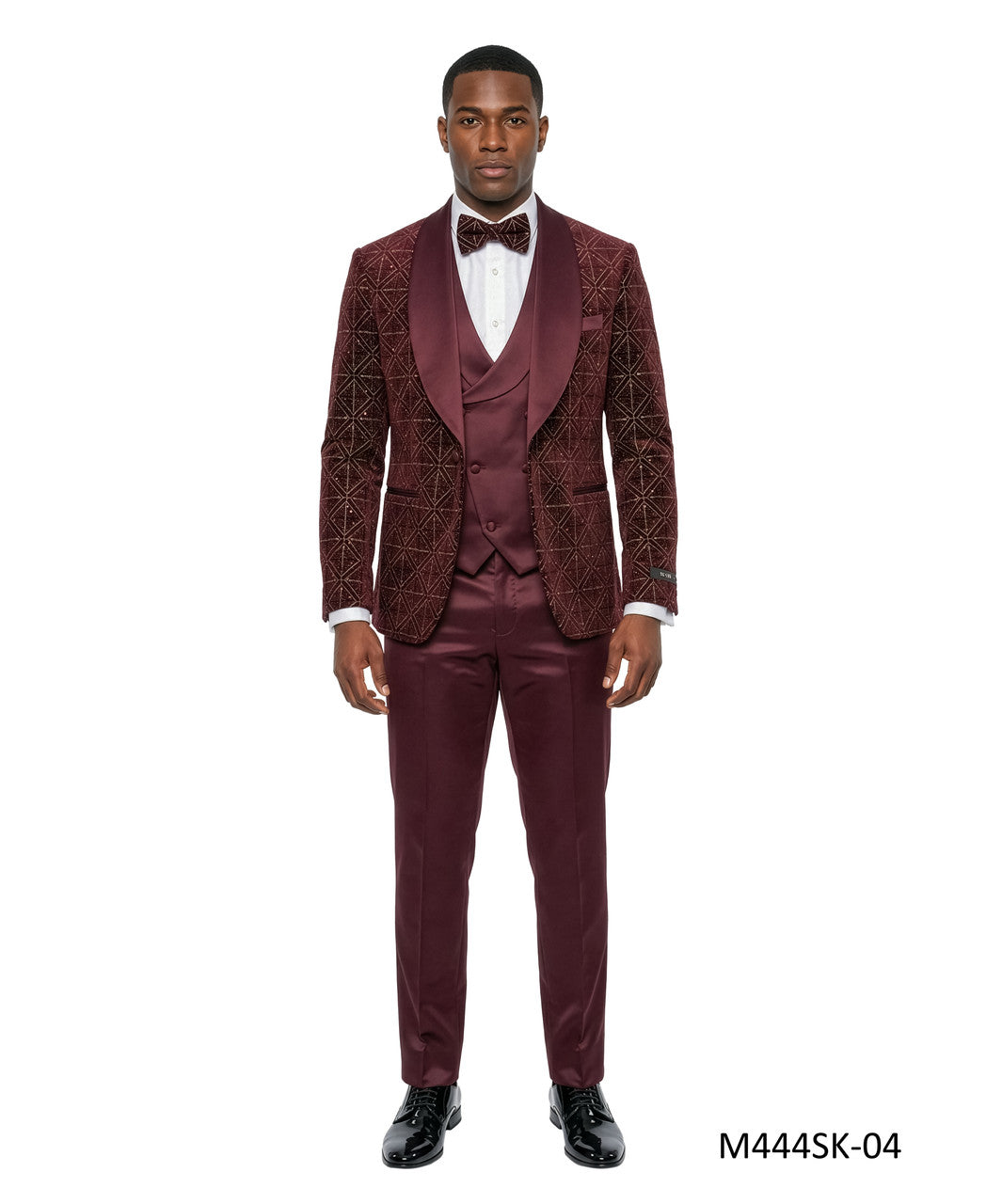 velvet sequin three-piece tuxedo in burgundy