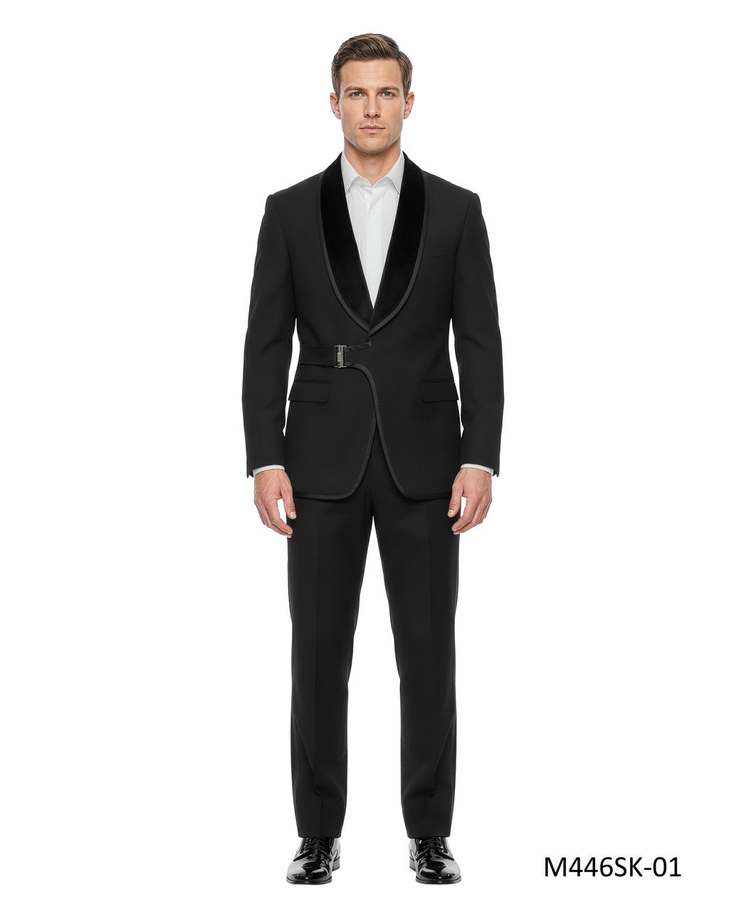 belted velvet shawl tuxedo in black