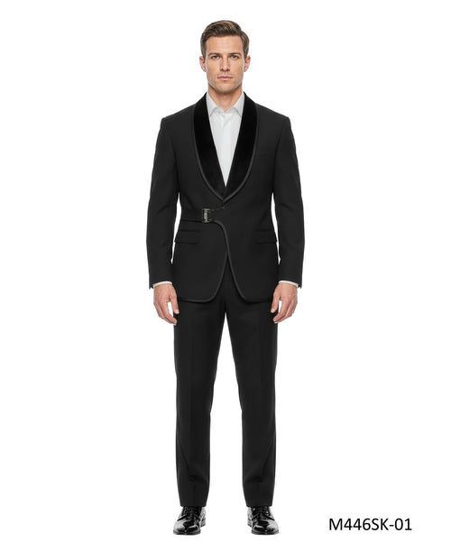 belted velvet shawl tuxedo in black